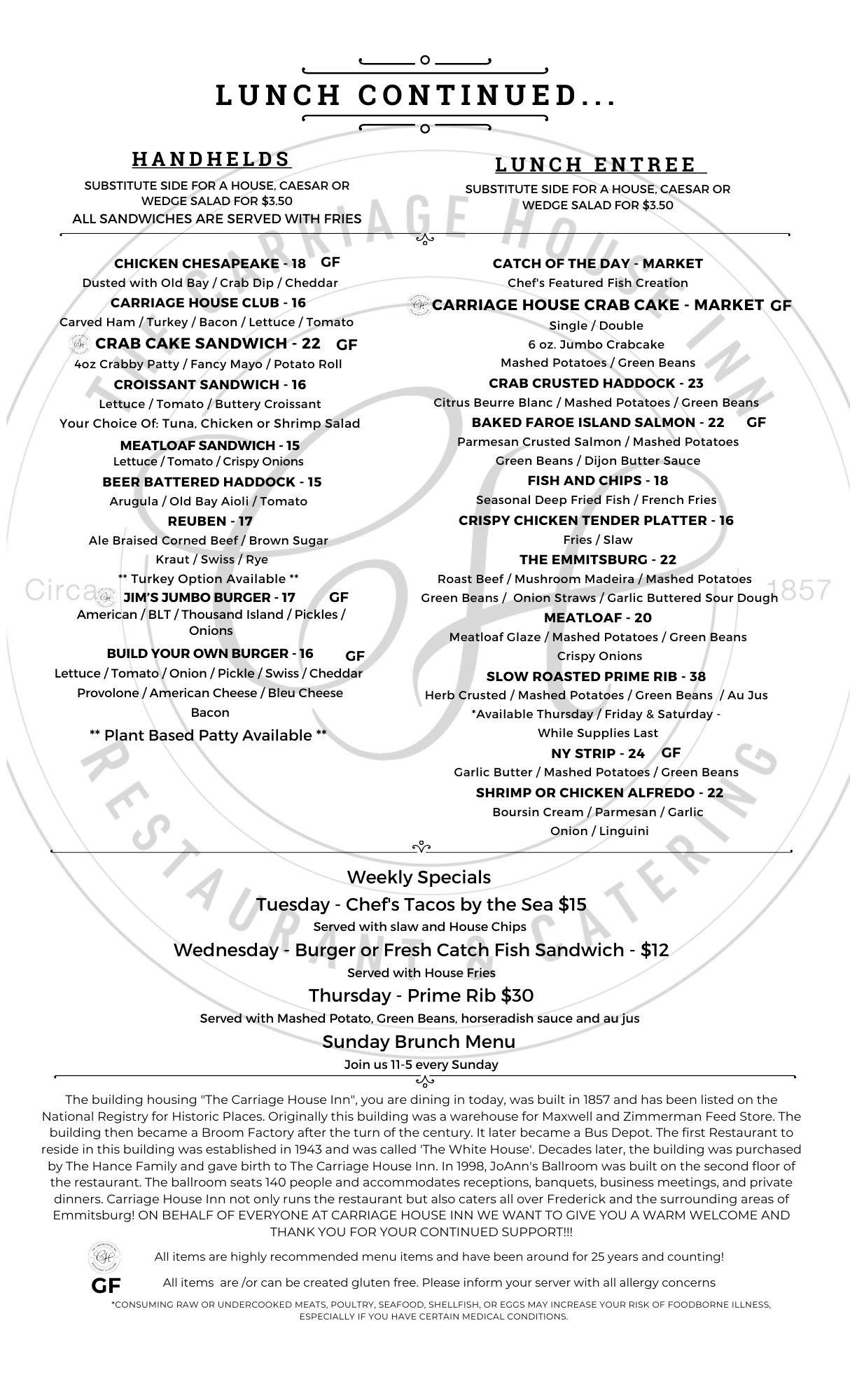Lunch Menu Carriage House Inn Fall and Winter 2023