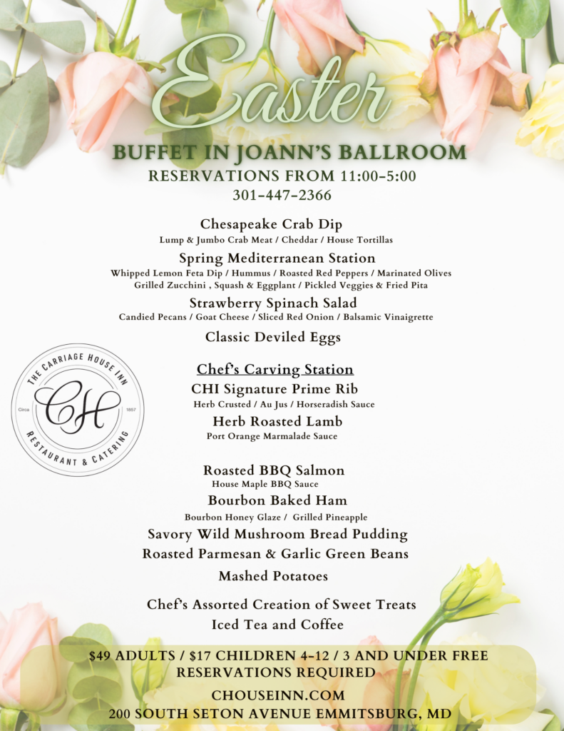 Easter Dinner Buffet , Herb Roasted Lamb, Prime Rib, Deviled Eggs, Crab Dip, Emmitsburg, Maryland , Strawberry Spinach Salad, Desserts 